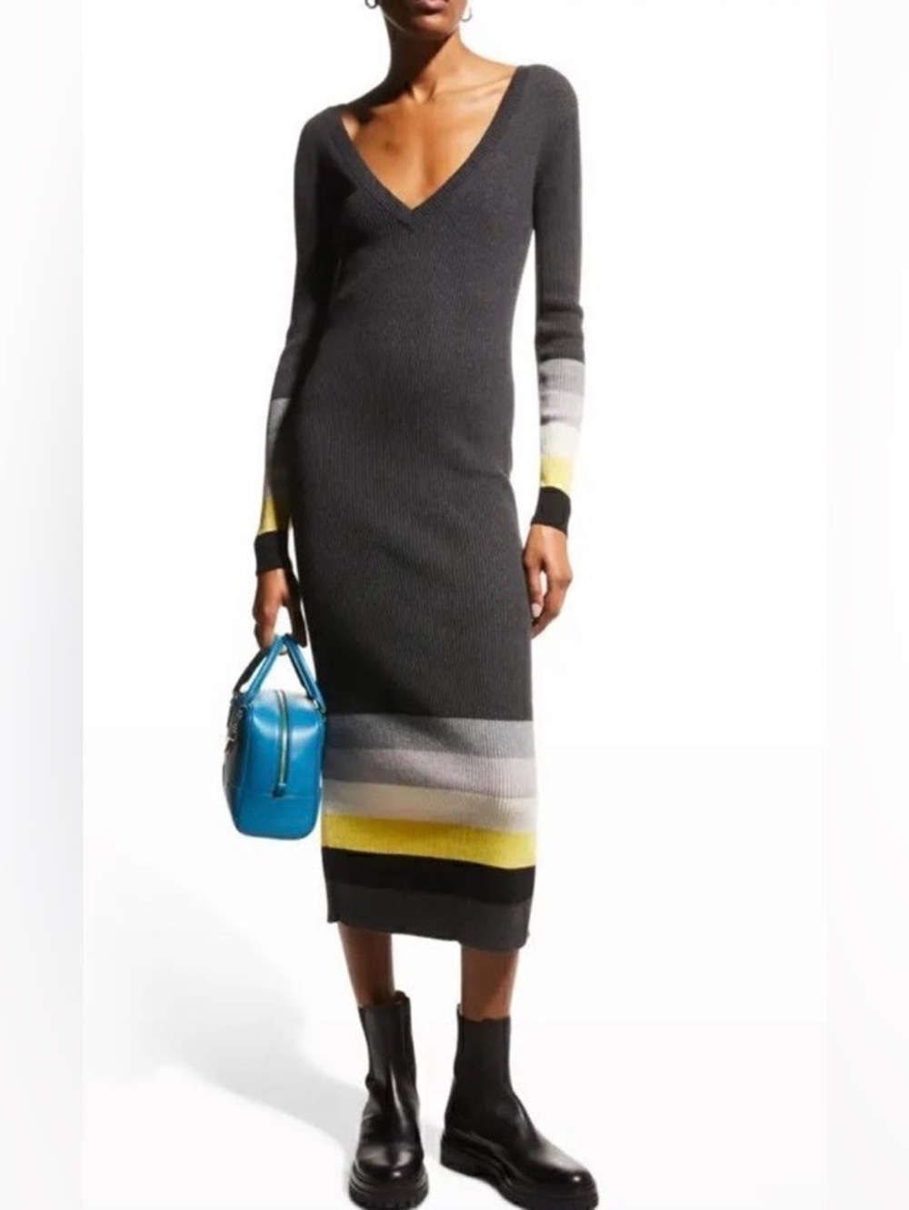 Le Superbe Horizons West Rib Long Sleeve Double-V Sweater Midi Dress Stretchy L
